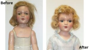 Before and After Doll Restoration Services Provided by Gigi's Dolls in Chicago